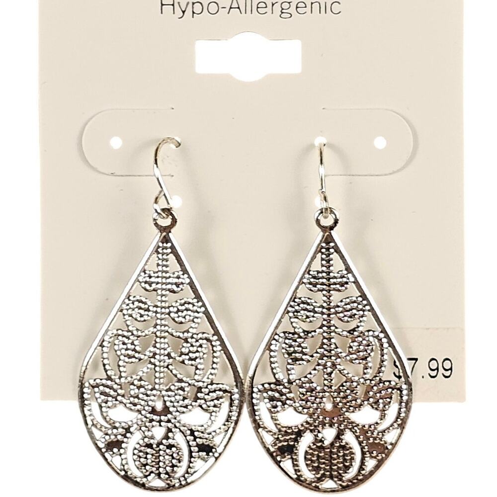 Pure Expressions Silver Tone Filigree Teardrop Dangle Earring Hypo-Allergenic